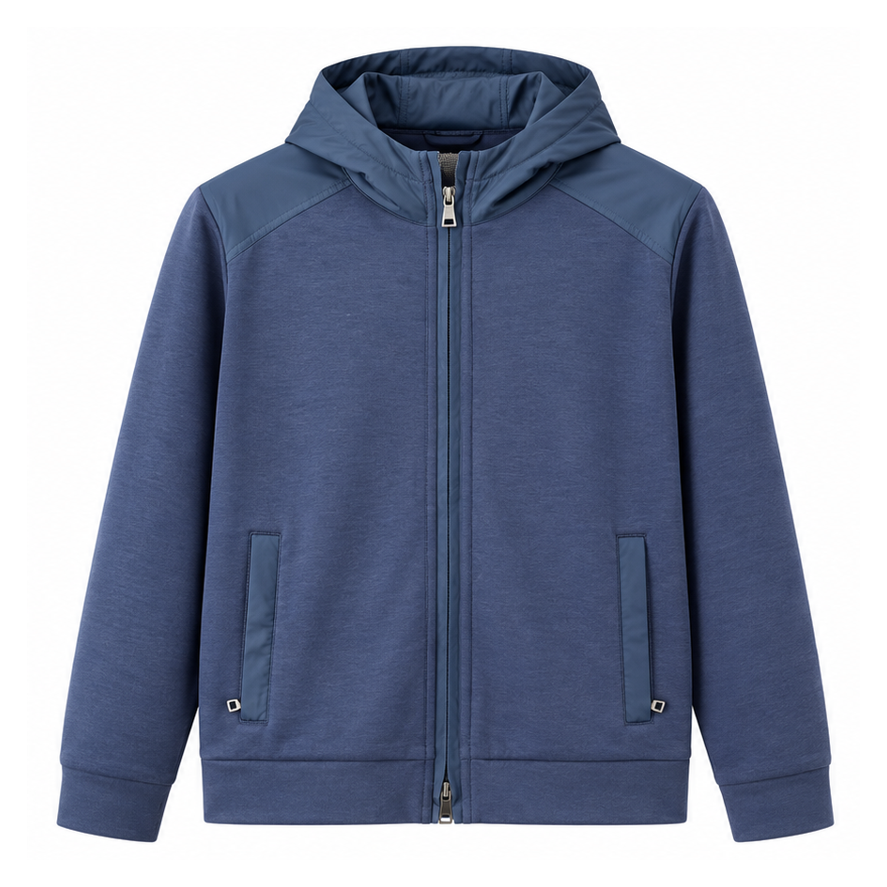 Long Sleeve Mixed Media Hooded Cardigan with Zipper